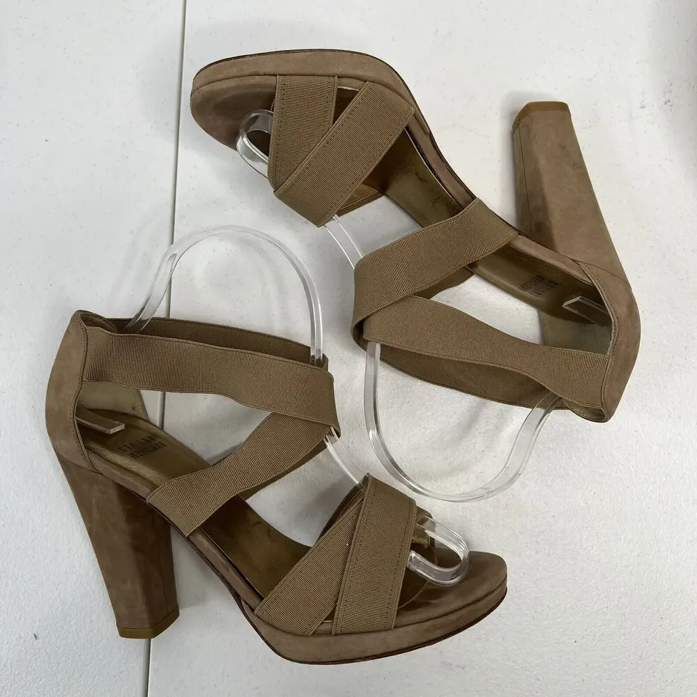 Stuart Weitzman Size 38 US 7.5 Heels‎ Elastic Strap Wrap Tan Suede High Chunky